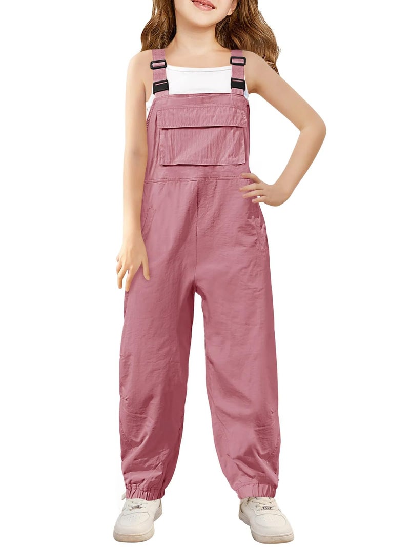 Haloumoning Girls Bib Overalls Summer Outfits Adjustable Strap Long Pants Casual Rompers Jumpsuits with Pockets 5-14 Years, Pink, 10-12 Years - Image 1