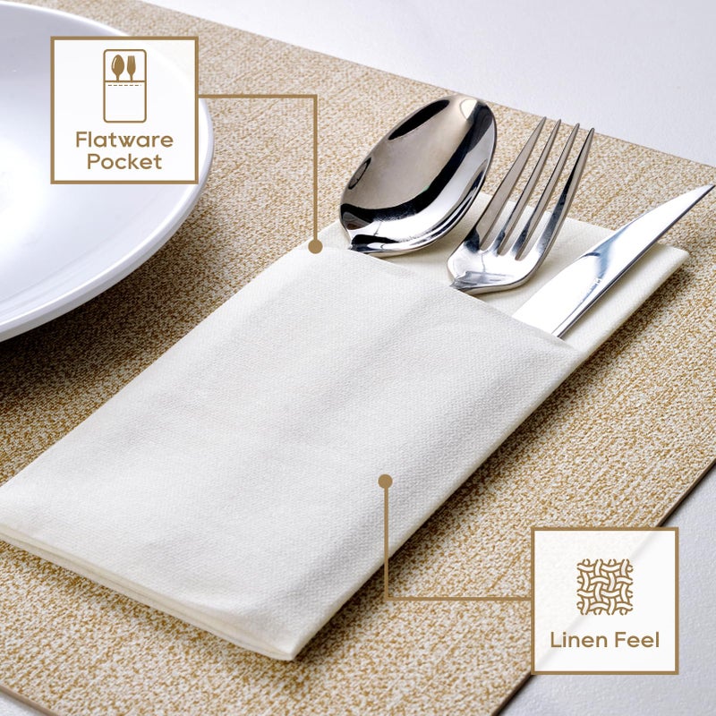 FOCUSLINE 100 Count Disposable Cloth-Like Napkins  Built-in Flatware Pocket  Prefolded Linen Feel White Napkins - Image 2