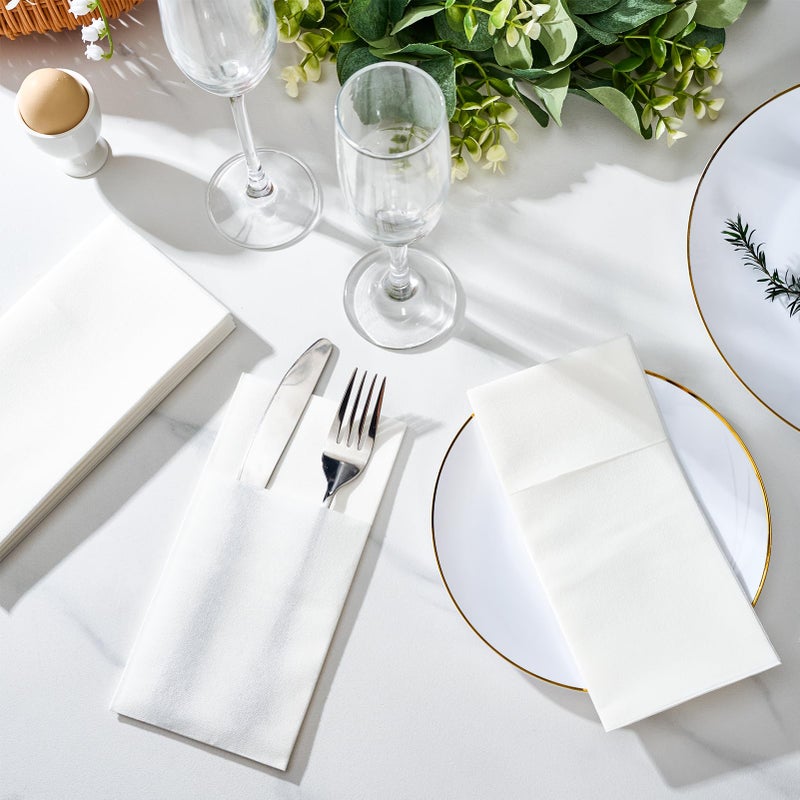 FOCUSLINE 100 Count Disposable Cloth-Like Napkins  Built-in Flatware Pocket  Prefolded Linen Feel White Napkins - Image 5