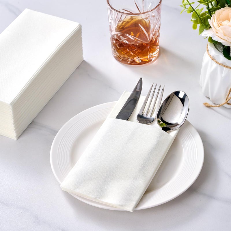 FOCUSLINE 100 Count Disposable Cloth-Like Napkins  Built-in Flatware Pocket  Prefolded Linen Feel White Napkins - Image 3
