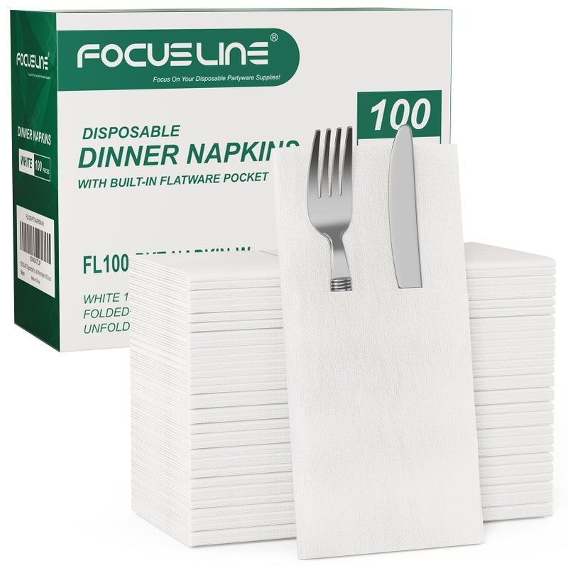 FOCUSLINE 100 Count Disposable Cloth-Like Napkins  Built-in Flatware Pocket  Prefolded Linen Feel White Napkins - Image 1