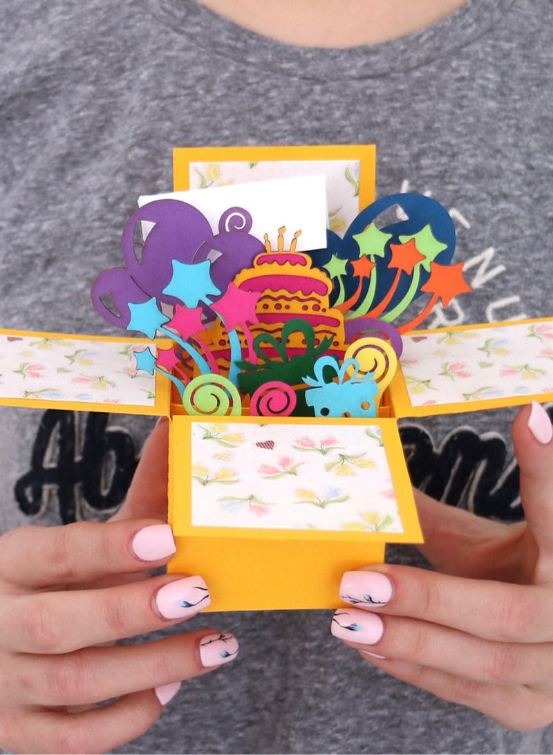 Wow Cards Yellow happy birthday greeting card in a form of a box with balloons and confetti - Image 2