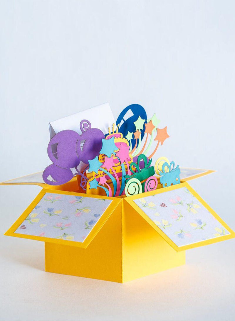 Wow Cards Yellow happy birthday greeting card in a form of a box with balloons and confetti - Image 1