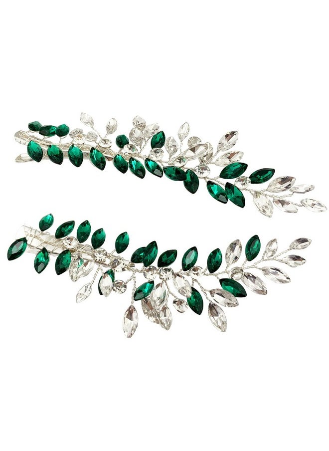 BETITETO Wedding Hair Clip Combs 2Pcs Red White Green Rhinestone Bridal Hair Vine Piece Accessories For Women Girls Party Birthday (Green)  - Image 4