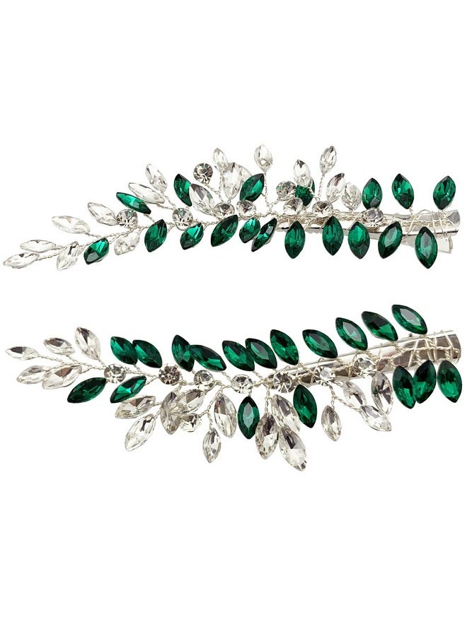 BETITETO Wedding Hair Clip Combs 2Pcs Red White Green Rhinestone Bridal Hair Vine Piece Accessories For Women Girls Party Birthday (Green)  - Image 1