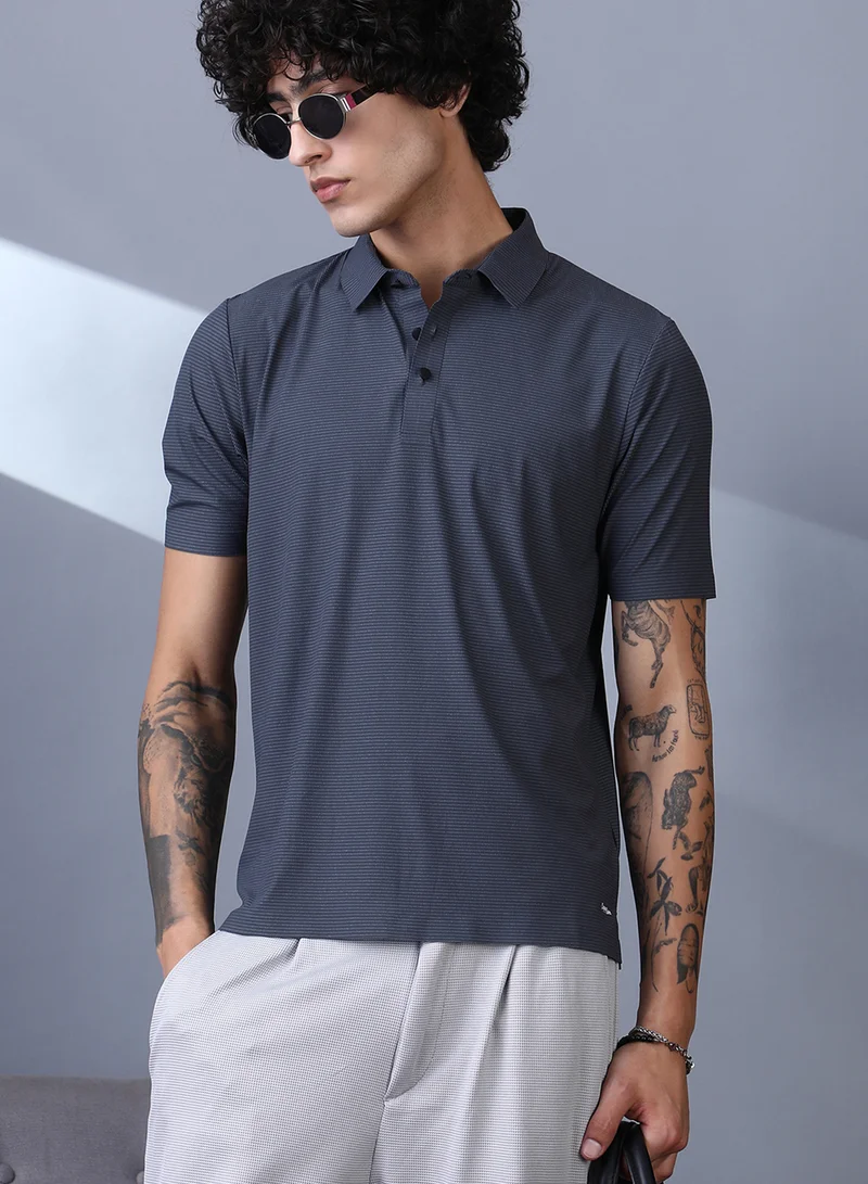 Campus Sutra Campus Sutra Men's Charcoal Grey Seamless Striped Polo T-Shirt For Casual Wear | Polo Neck | Short Regular Sleeves | Button Closure | T-Shirt Crafted With Comfort Fit For Everyday Wear