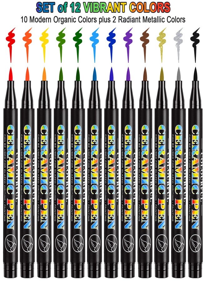 Attom Tech NiArt 12-Color Ceramic Markers - Fine Tip and Brush Tip Assorted Colors for Painting and Decorating Porcelain, China and Glassware - Oven and Microwave Safe - Image 2