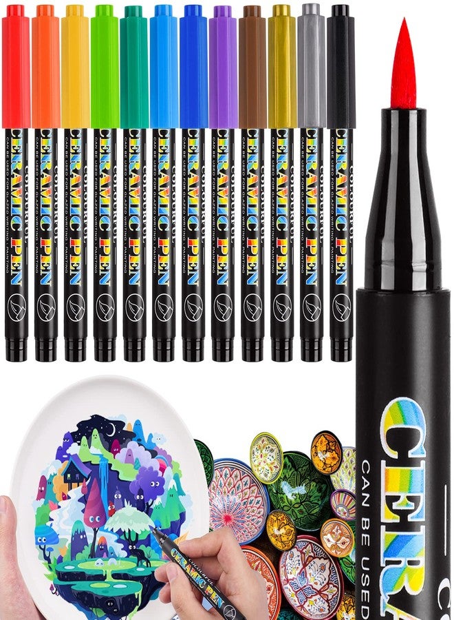 Attom Tech NiArt 12-Color Ceramic Markers - Fine Tip and Brush Tip Assorted Colors for Painting and Decorating Porcelain, China and Glassware - Oven and Microwave Safe - Image 1
