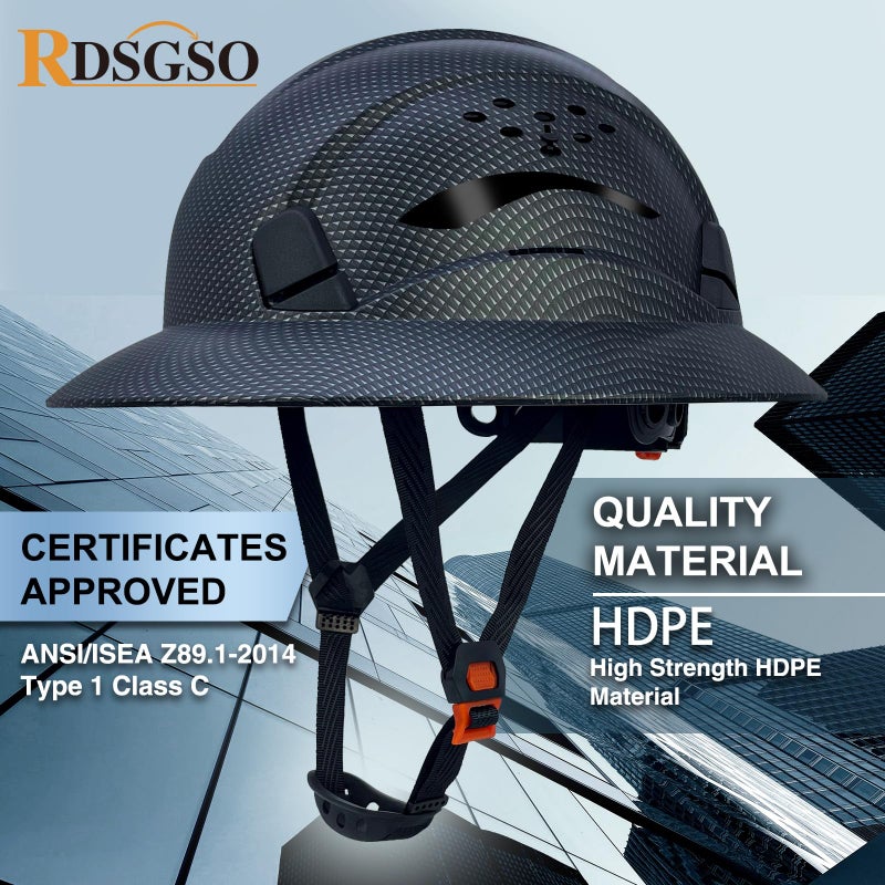 RDSGSO Full Brim Hard Hat Vented Construction Safety Helmet Industrial Work Hardhat for Workers 6 Point Adjustable Ratchet Suspension OSHA Approved (F2C-SJ-Matte Black) - Image 3