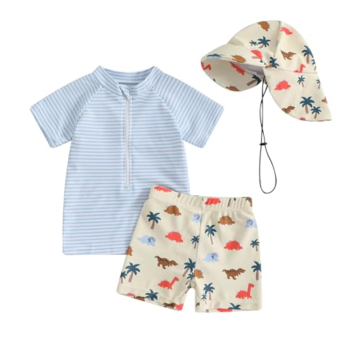 DuAnyozu Baby Boys Swimsuit Long Sleeve Rash Guard Swimwear Baby Boy Swim Trunk with Hat Set 3-Piece Toddler Bathing Suit (Blue, 6-12 Months) - Image 1