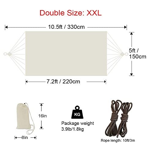 GOCAN Brazilian Double Hammock 2 Person 330X150cm Load 500Pound Cotton Hammock for Patio Porch Garden Backyard Lounging Outdoor and Indoor (Beige) - Image 4