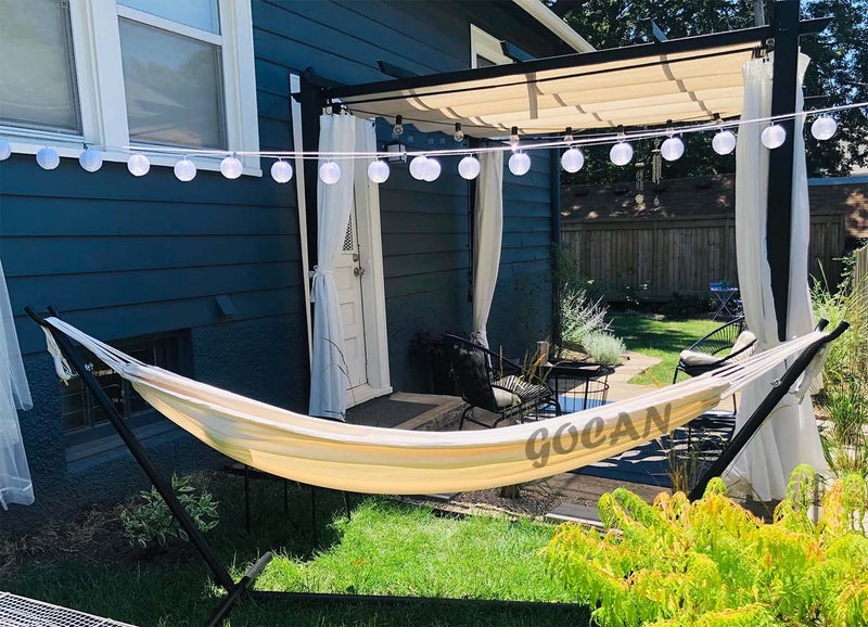 GOCAN Brazilian Double Hammock 2 Person 330X150cm Load 500Pound Cotton Hammock for Patio Porch Garden Backyard Lounging Outdoor and Indoor (Beige) - Image 5