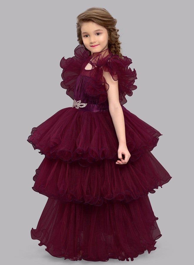 PinkChick Burgundy Layered Net Gown for Girls - Image 4