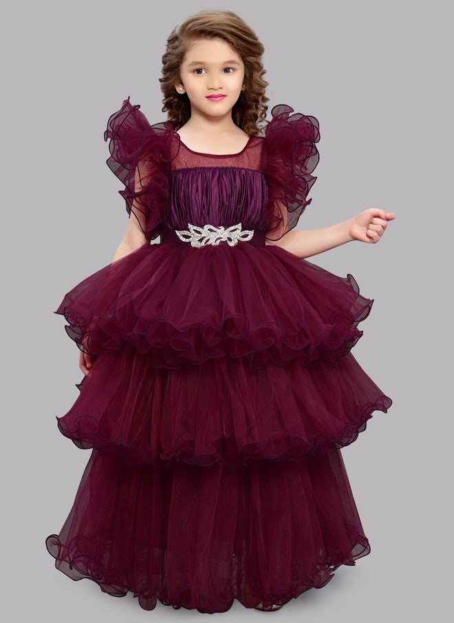 PinkChick Burgundy Layered Net Gown for Girls - Image 1