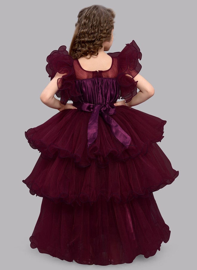 PinkChick Burgundy Layered Net Gown for Girls - Image 5