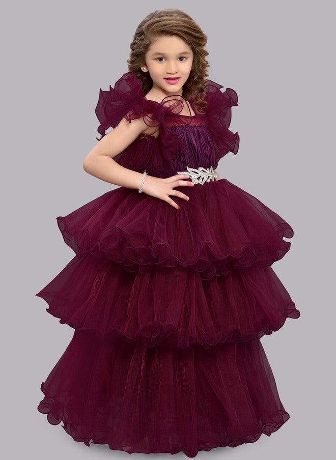 PinkChick Burgundy Layered Net Gown for Girls - Image 3