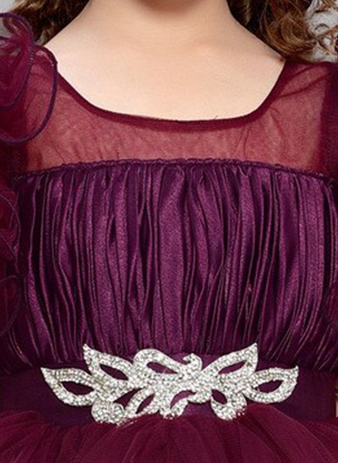 PinkChick Burgundy Layered Net Gown for Girls - Image 2
