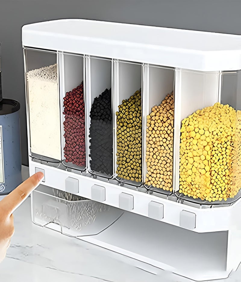Dispenser - Wall-mounted dry food organizer with 6 compartments for kitchen storage of rice, nuts, coffee beans, candy, snacks, and cereals to save space efficiently. - Image 1
