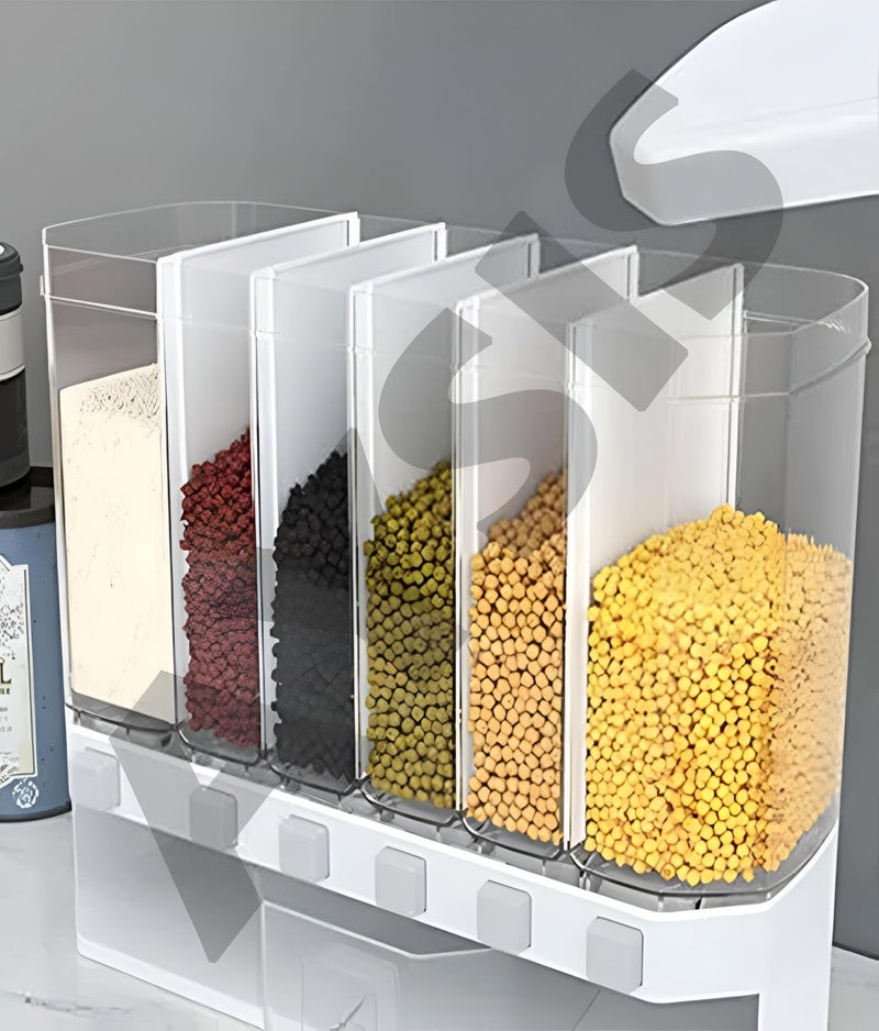 Dispenser - Wall-mounted dry food organizer with 6 compartments for kitchen storage of rice, nuts, coffee beans, candy, snacks, and cereals to save space efficiently. - Image 3