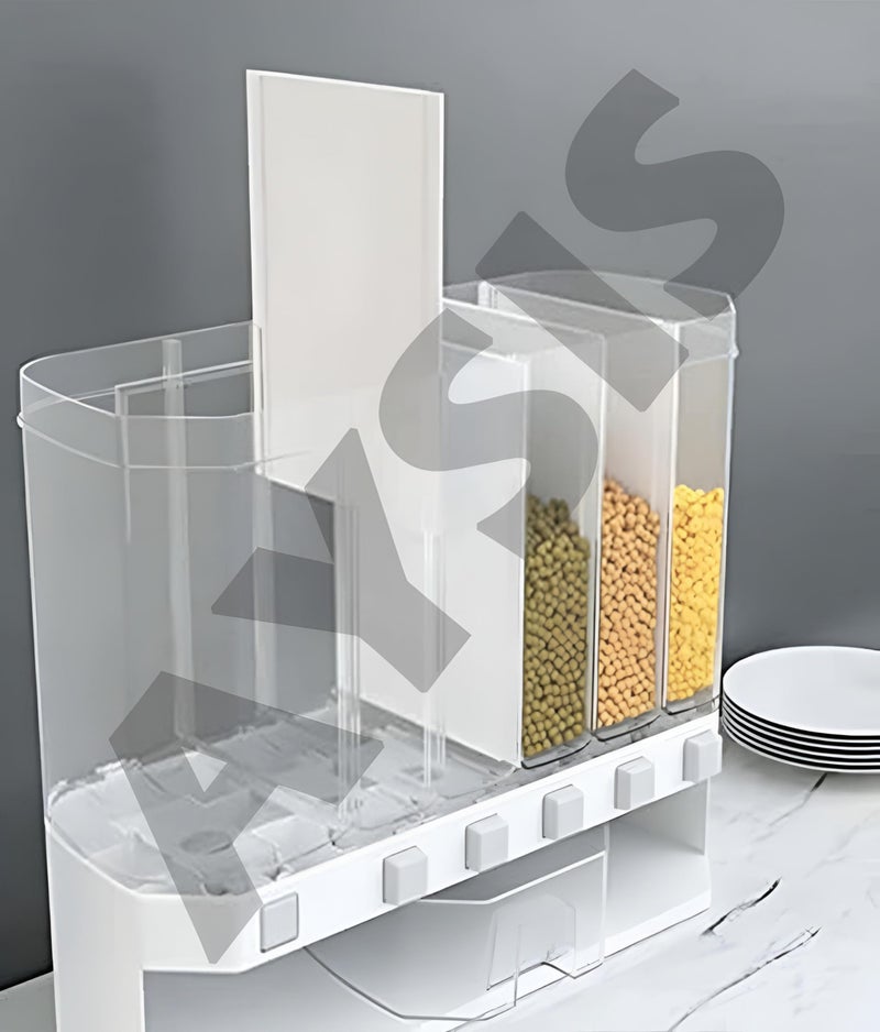Dispenser - Wall-mounted dry food organizer with 6 compartments for kitchen storage of rice, nuts, coffee beans, candy, snacks, and cereals to save space efficiently. - Image 2