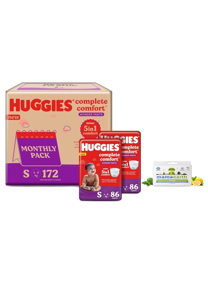 Huggies Complete Comfort Wonder Pants, Small (S) Combo Pack of 2, 86 count Per Pack, (172 count) & Mamaearth Natural Repellent Mosquito Patches For Babies with 12 Hour Protection,White,Pack of 1 - Image 1