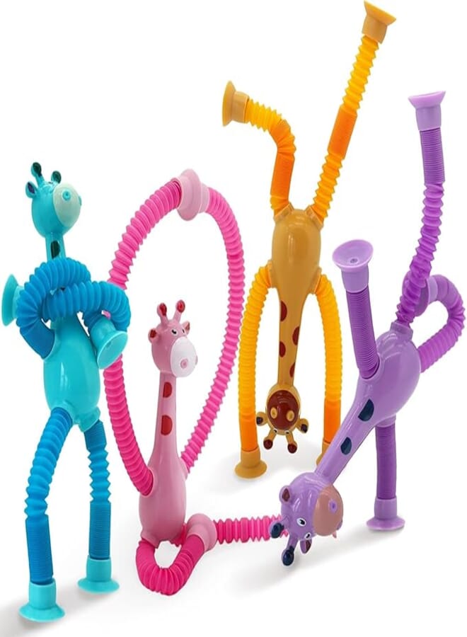 KIDSZONE KIDSZONE SET of 4/10 Giraffe Pieces LED Telescopic Suction Cup Giraffe Toy, Shape Changing Telescopic Tube Fidget Toys, Pop Tubes, Fidget Tubes Sensory Toys for Girls Boys Baby Gift (Set of 4) 