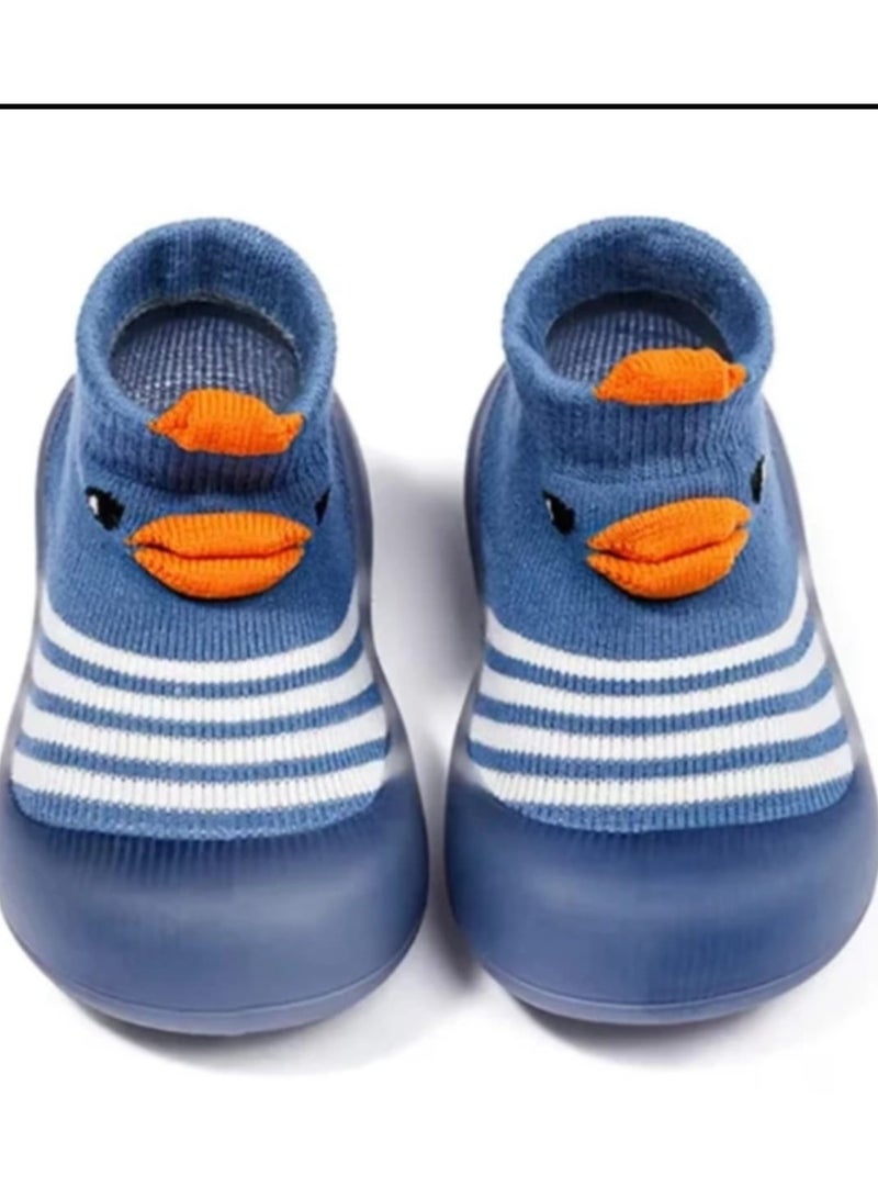 Baby Duck Non-Slip Sock Shoes, Blue Striped Soft Sole, First Walking Shoes (Blue 12-18 Months) - Image 1