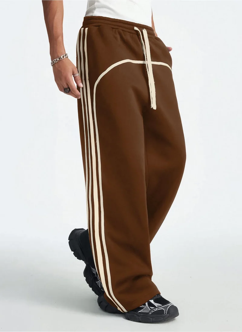 Maniac Maniac Mens Side Stripe Brown and Biscuit Cotton Baggy Fit Trackpant