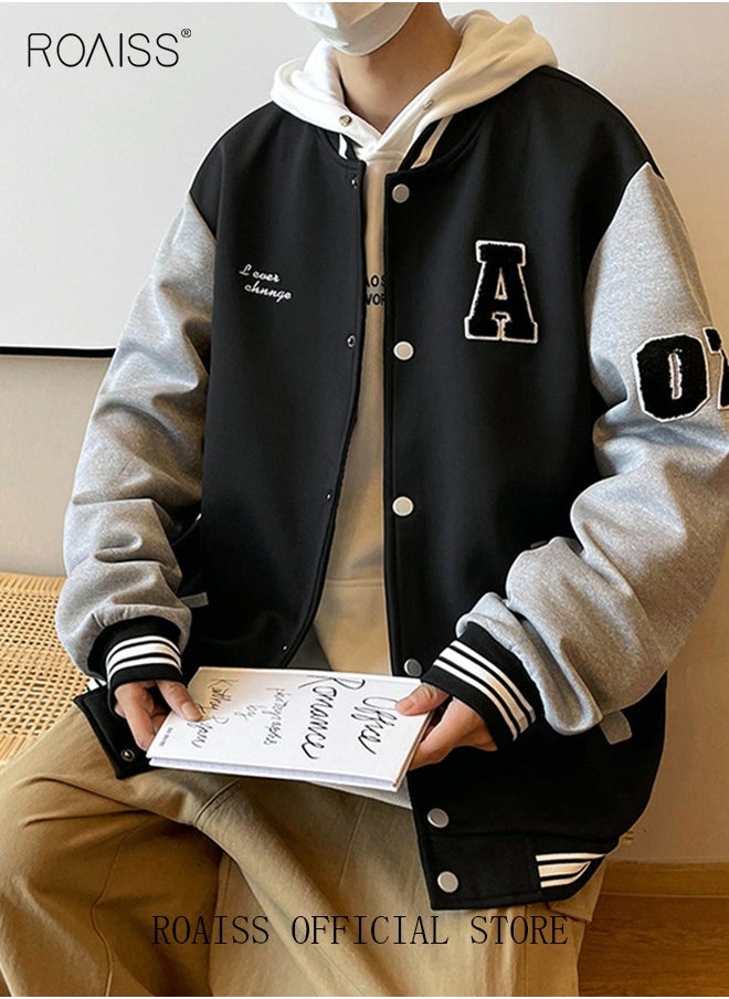 roaiss Men Baseball Jacket Spring Autumn Uniform Jackets Fashion Oversized Graphic Striped Trim Drop Shoulder Corduroy Varsity Jacket Preppy Striped Stand Collar Jacket  - Image 2