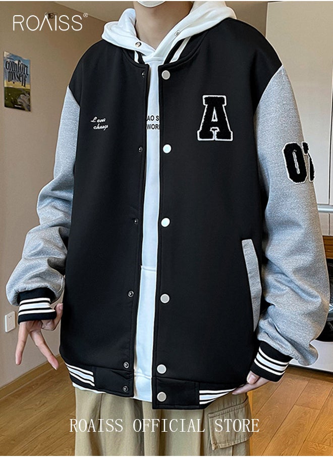 roaiss Men Baseball Jacket Spring Autumn Uniform Jackets Fashion Oversized Graphic Striped Trim Drop Shoulder Corduroy Varsity Jacket Preppy Striped Stand Collar Jacket  - Image 5