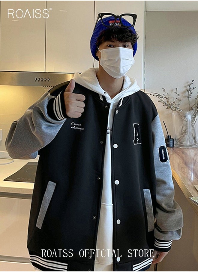 roaiss Men Baseball Jacket Spring Autumn Uniform Jackets Fashion Oversized Graphic Striped Trim Drop Shoulder Corduroy Varsity Jacket Preppy Striped Stand Collar Jacket  - Image 4