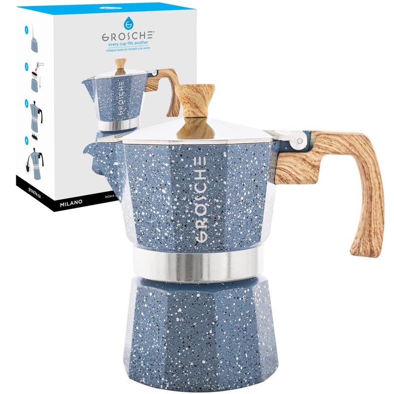 GROSCHE Milano Moka Pot  Stovetop Coffee Maker and Percolator for Espresso  3 Cup Indigo