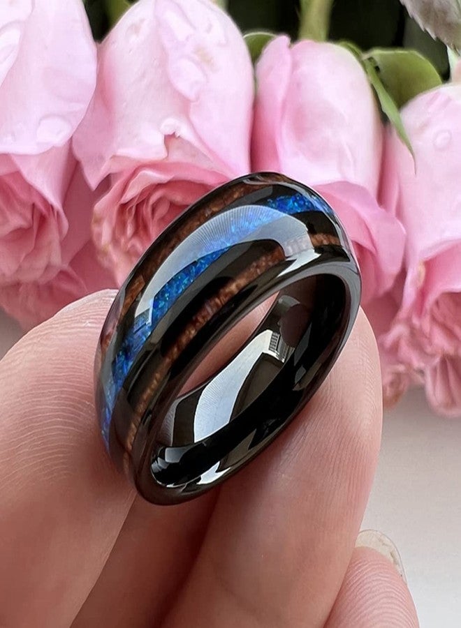 TUTISS 8mm Black Tungsten Carbide Rings for Men Women Engagement Wedding Bands Koa Wood Genuine Blue Opal Inlay I Love You Engraved Comfort Fit Size 10.5 - Image 4