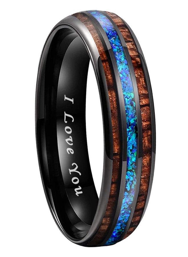 TUTISS 8mm Black Tungsten Carbide Rings for Men Women Engagement Wedding Bands Koa Wood Genuine Blue Opal Inlay I Love You Engraved Comfort Fit Size 10.5 - Image 2