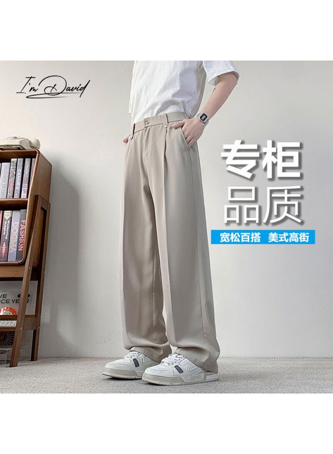 I'm David Men's Loose Straight-leg Casual Pants High-end Drooping Feeling Ice Silk All-match Black Suit Pants