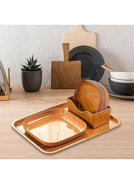 OTISTORES OTISTORES 11 Pcs Food Serving Tray Stylish Wood Grain Square PlateFruit Snack Cake TrayStackable Creative PlateUnbreakable Dinnerware Home Table Bone Dish Stackable Creative Plate Pack of 11  - Image 1