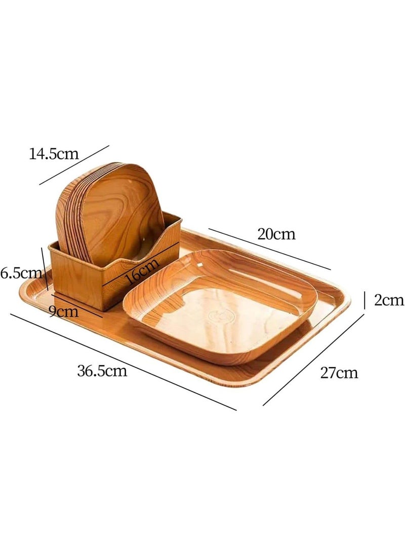 OTISTORES OTISTORES 11 Pcs Food Serving Tray Stylish Wood Grain Square PlateFruit Snack Cake TrayStackable Creative PlateUnbreakable Dinnerware Home Table Bone Dish Stackable Creative Plate Pack of 11  - Image 2