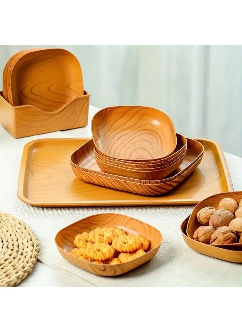 OTISTORES OTISTORES 11 Pcs Food Serving Tray Stylish Wood Grain Square PlateFruit Snack Cake TrayStackable Creative PlateUnbreakable Dinnerware Home Table Bone Dish Stackable Creative Plate Pack of 11  - Image 3