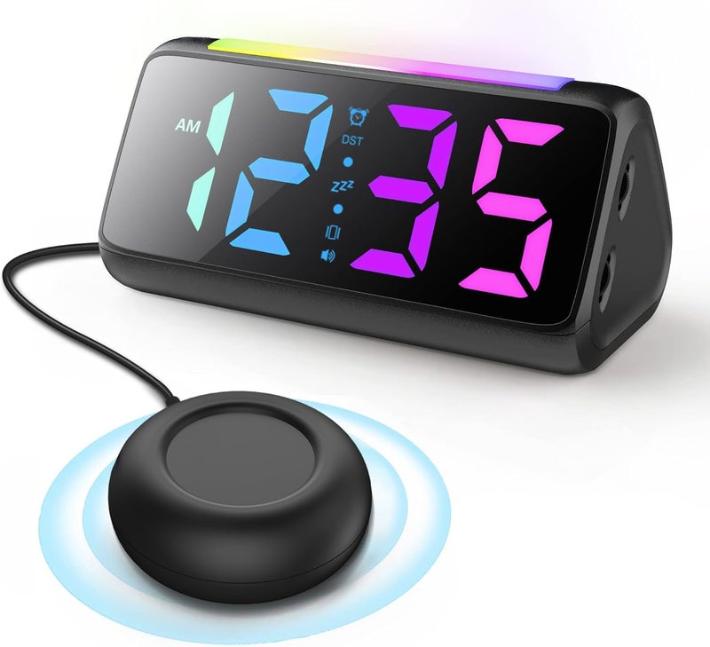 Loud Alarm Clock for Heavy Sleepers Vibrating Alarm Clocks with Bed Shaker Night Light RGB Display Brightness Dimmer Vibration Alarm Clock Bedside for Hearing Impaired Deaf People