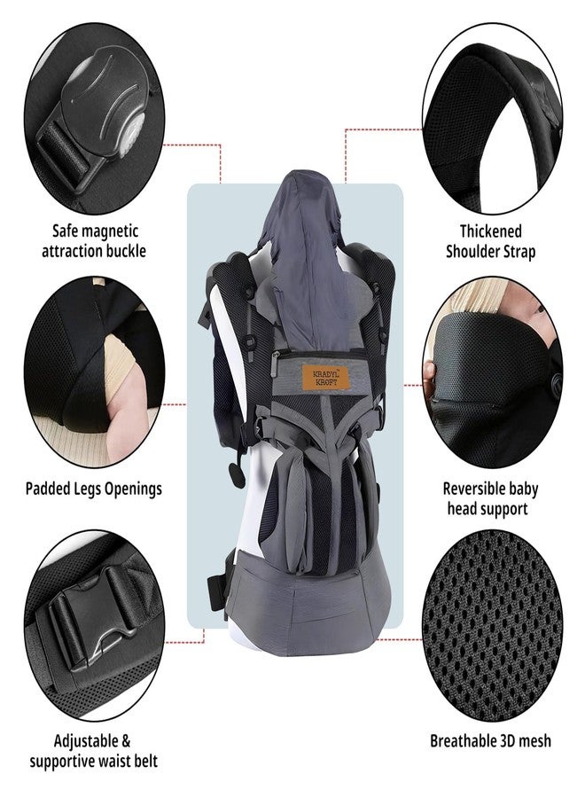 Kradyl Kroft Adjustable Baby Carrier for 4 to 24 Months Baby with 4 Carry Positions | Handsfree Carrier | Waist & Back Support | Soft Padding and Buckle Support (Dark Grey Hood) - Image 2