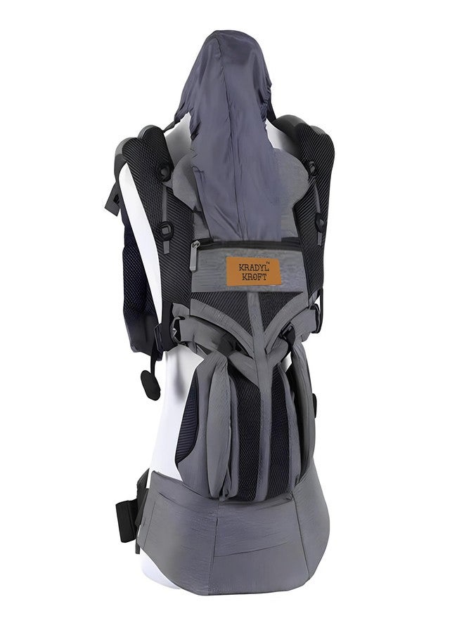 Kradyl Kroft Adjustable Baby Carrier for 4 to 24 Months Baby with 4 Carry Positions | Handsfree Carrier | Waist & Back Support | Soft Padding and Buckle Support (Dark Grey Hood) - Image 1