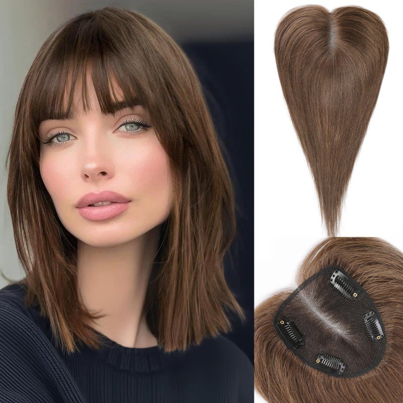 starluck Hair Toppers for Women Real Human Hair With Bangs 100 Remy HumanHair Toppers for Women Handwoven with ThinningCover Gray RootsAdds Volume Brown