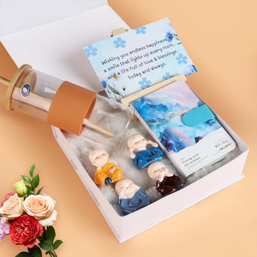 Relish The Loony Box Gift Hamper For Birthday, Anniversary, Valentine & Diwali - Glass Sipper Tumbler, Monk Figurines, Chic Diary & Greeting Card with Easel Stand for Women & Girls - Image 1