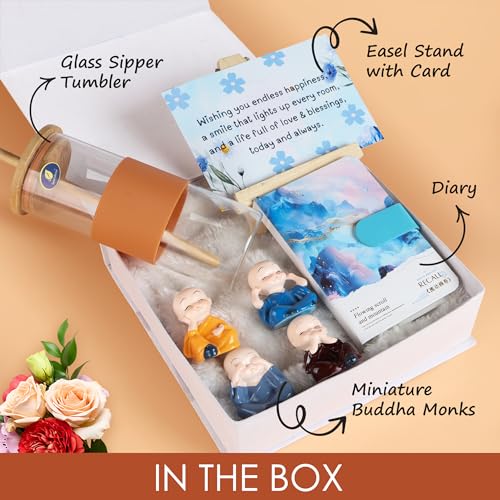 Relish The Loony Box Gift Hamper For Birthday, Anniversary, Valentine & Diwali - Glass Sipper Tumbler, Monk Figurines, Chic Diary & Greeting Card with Easel Stand for Women & Girls - Image 2