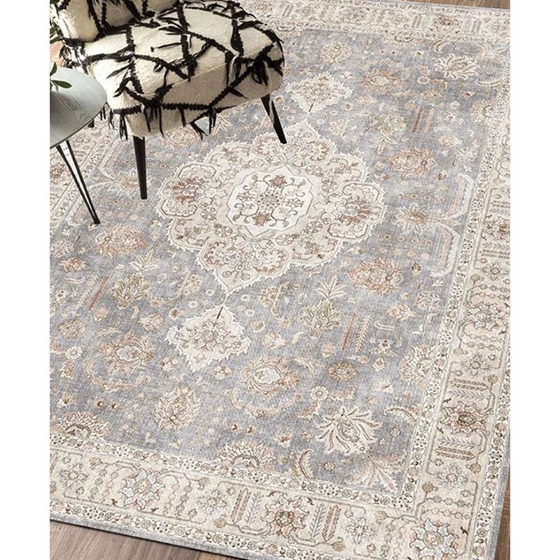 Bukela 120x180cm Non-Slip Boho Area Rug, Vintage Machine Washable Large Rug for Living Room & Bedroom, Natural Rubber Backing with Anti-Skid Design, Dark Grey Distressed Carpet (Light) - Image 3