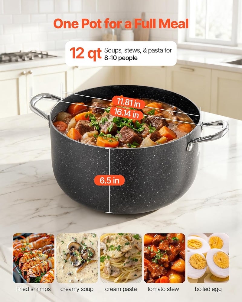VEVOR Aluminum Stock Pot, 12-Quart Nonstick Ceramic Coated Pot with Glass Lid, PFOA-Free, PFAS-Free, Compatible with Gas Stoves, Induction Cooktops, Electric Stoves, for Soups, Stews, and Pasta - Image 5