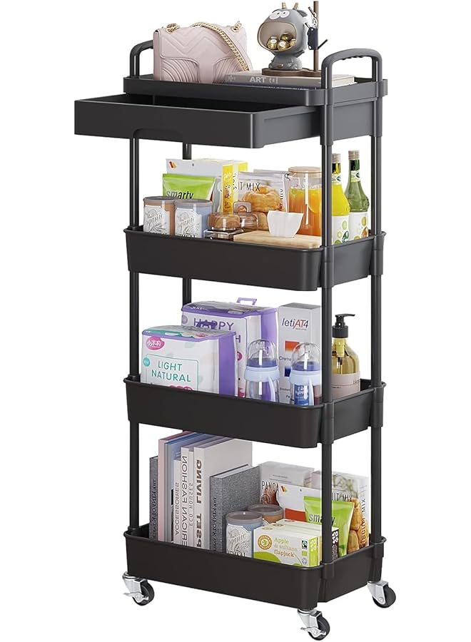 إيروريكس عربة أدوات متحركة مكونة من 4 طبقات مع منظم تخزين متعدد الوظائف مع رف بلاستيكي وعجلات معدنية وعربة تخزين للمطبخ والحمام وغرفة المعيشة والمكتب - Image 1