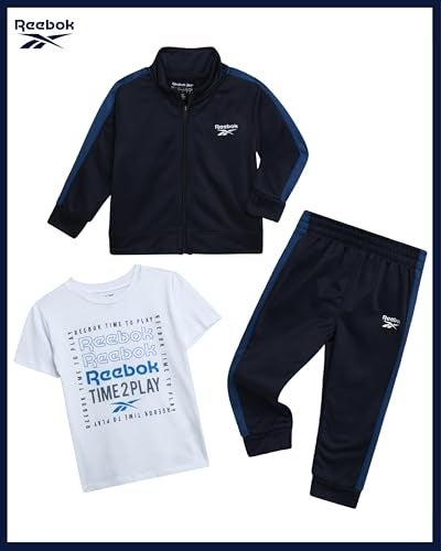 Reebok Baby Boy Pants Set - 3 Piece Athletic Tricot Track Jacket Short Sleeve Tee & Joggers Infant Toddler & Boys Tracksuit, Size 5, Navy Time 2 Play - Image 2