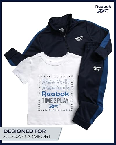 Reebok Baby Boy Pants Set - 3 Piece Athletic Tricot Track Jacket Short Sleeve Tee & Joggers Infant Toddler & Boys Tracksuit, Size 5, Navy Time 2 Play - Image 4