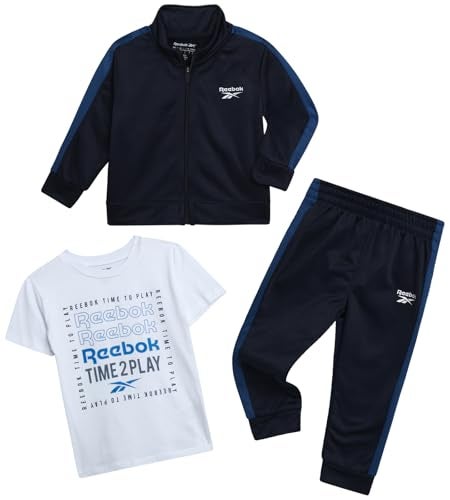 Reebok Baby Boy Pants Set - 3 Piece Athletic Tricot Track Jacket Short Sleeve Tee & Joggers Infant Toddler & Boys Tracksuit, Size 5, Navy Time 2 Play - Image 1